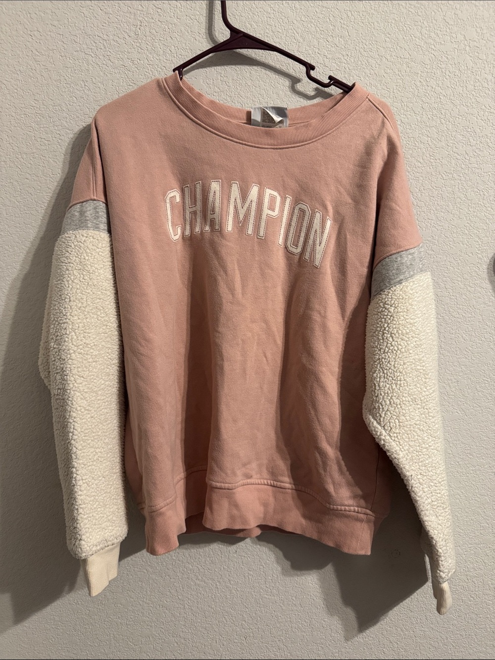 Champion Pink Crew Sweatshirt with Cream Sherpa Sleeves